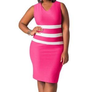 Stripe Waist V-Neck Dress - Ashley Stewart